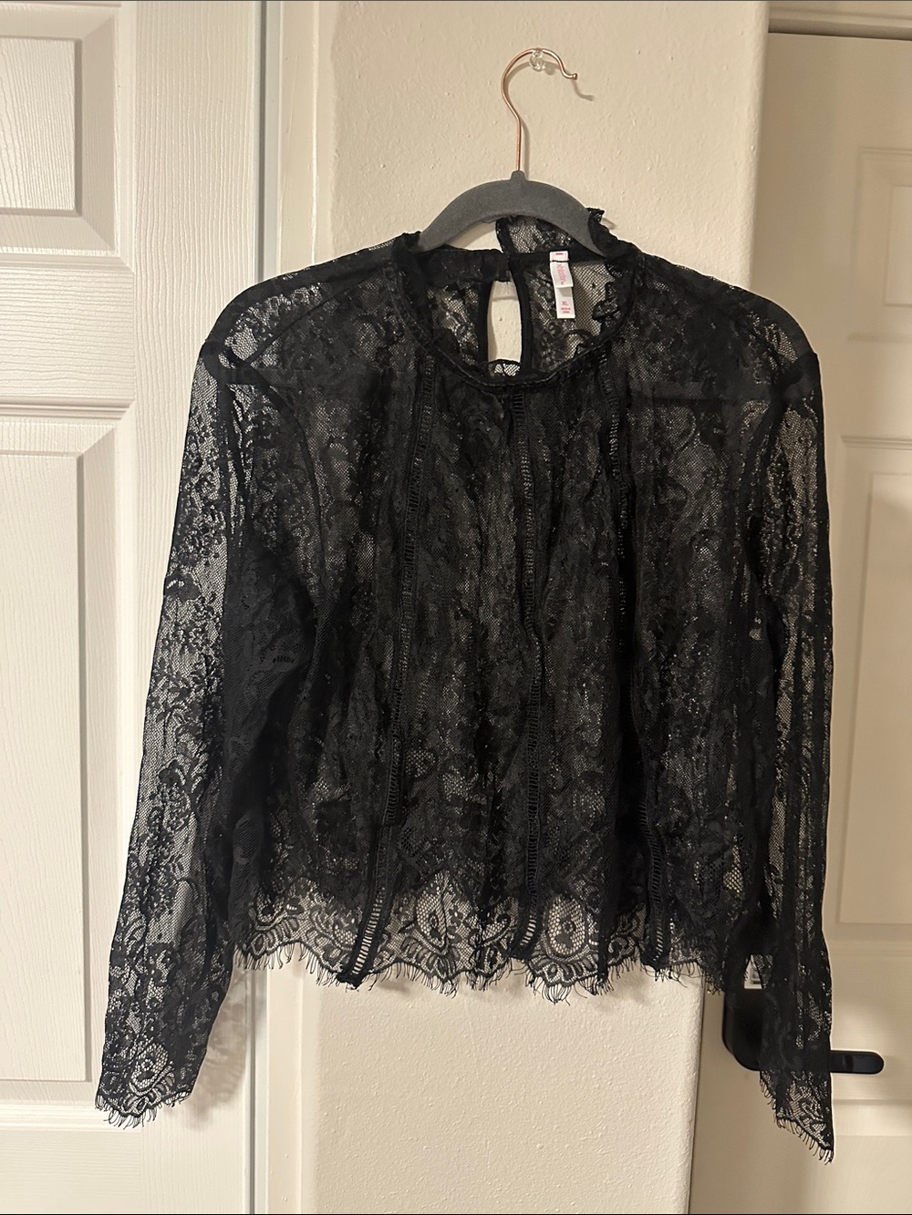 Xhilaration Black Sheer Lace Long-Sleeve Blouse
